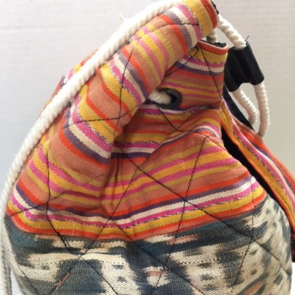 Boho Quilted Multi-Colored Drawstring Backpack Shoulder Bag 14"x9"x16.5" - Picture 12 of 16